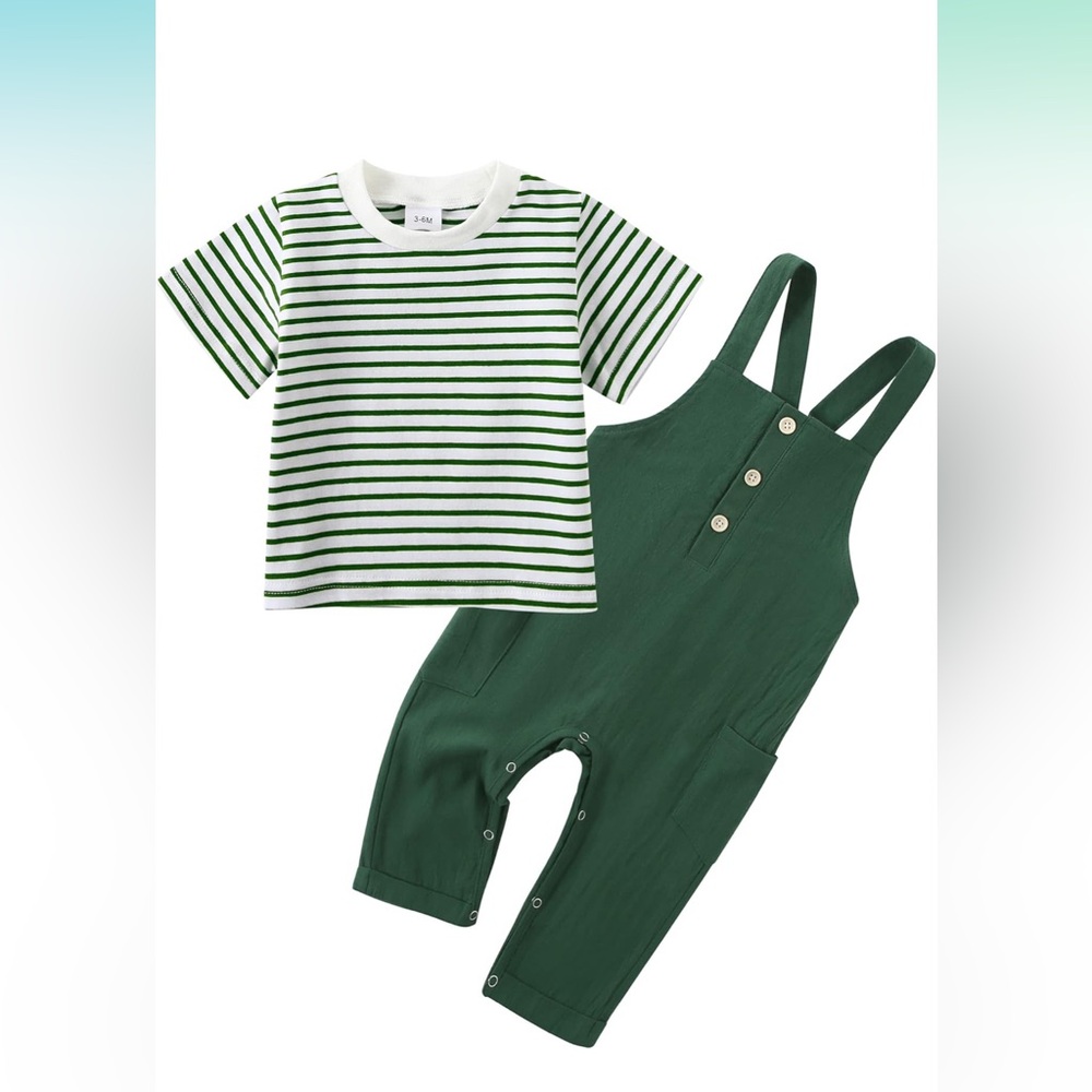 Green Striped Kids Overalls Set